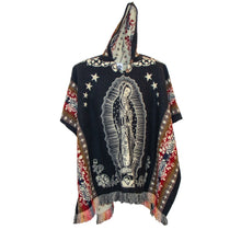 Load image into Gallery viewer, alpaca handamde poncho with guadalupe virgin art unisex black color
